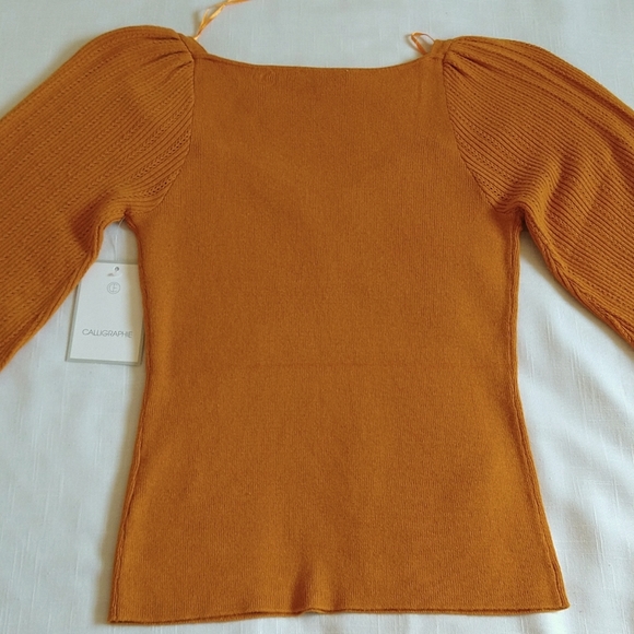 Mustard balloon sleeves knit pullover top wool blend sweetheart neck size small - Picture 6 of 11